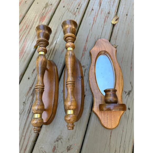 Vintage Mirrored Candle Sconces candleholders set of three wood wooden retro - Picture 9 of 16